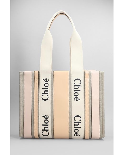 Chloé Natural Woody Tote In Beige Leather And Fabric
