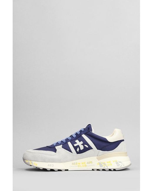 Premiata White Landeck Sneakers In Blue Suede And Fabric for men