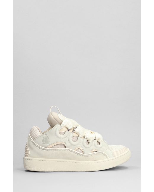 Lanvin White Curb Sneakers In Beige Suede And Leather for men