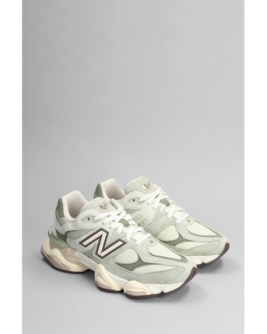 New Balance White 9060 Sneakers In Green Suede And Fabric