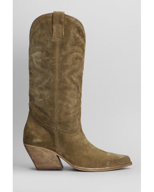 Elena Iachi Green Texan Boots In Taupe Suede