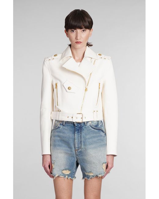 Balmain White Biker Jacket In Beige Leather
