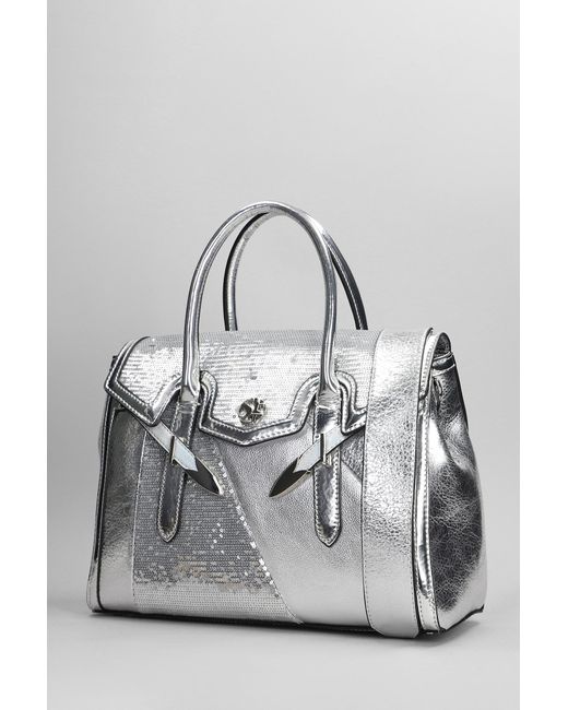 Secret Pon-pon Gray Yalis Sparkling Medi Shoulder Bag In Silver Leather