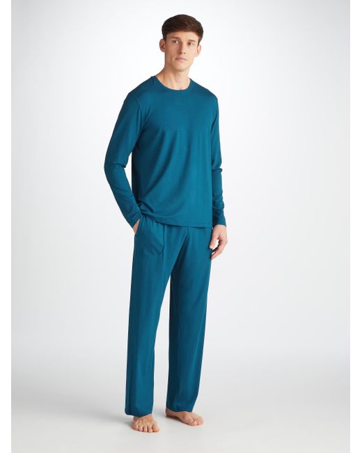 Derek Rose Blue Long Sleeve T-shirt Basel Micro Modal Stretch Poseidon for men
