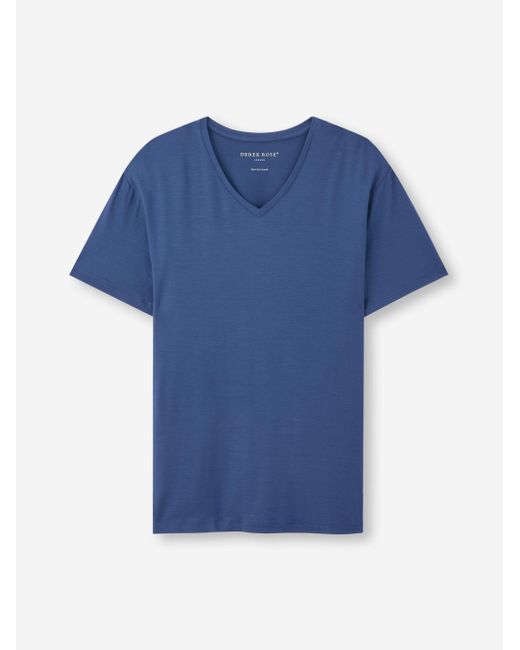 Derek Rose Blue V-Neck T-Shirt Basel Micro Modal Stretch Sapphire for men
