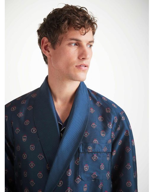 Derek Rose Blue Dressing Gown Silk Jacquard Badge Pattern for men