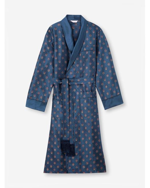 Derek Rose Blue Dressing Gown Silk Jacquard Badge Pattern for men