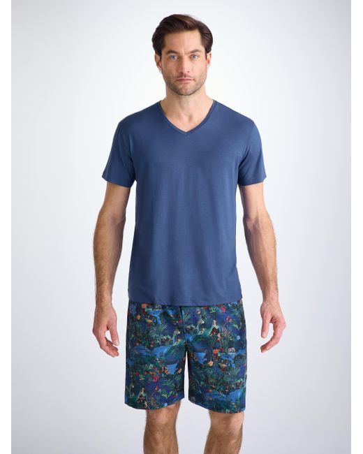 Derek Rose Blue V-Neck T-Shirt Basel Micro Modal Stretch Sapphire for men