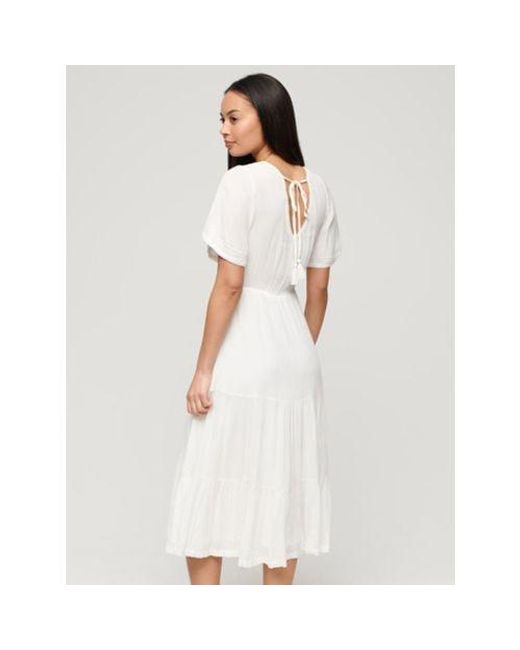 Superdry White Off- Embroidered Tiered Midi Dress