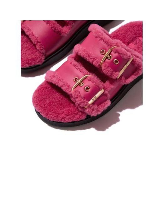 Fitflop Pink Wild Raspberry Gen-Ff Buckle 2-Bar Leather Slide