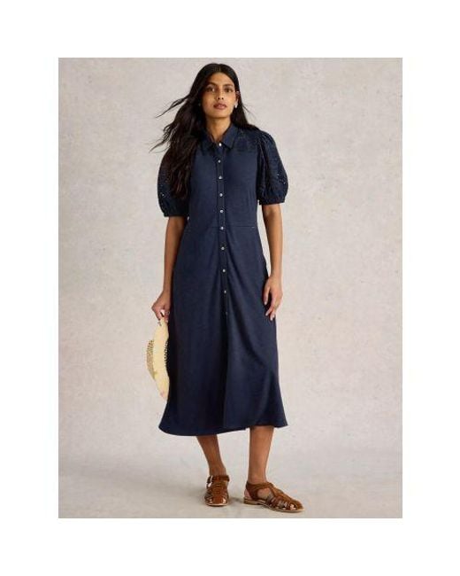 White Stuff Blue Dark Rua Broderie Shirt Dress