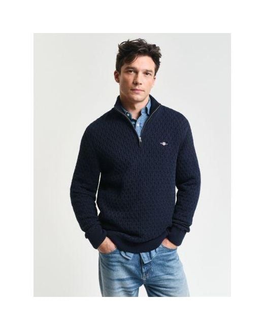 Gant Blue Evening Textured Cotton Half Zip Sweater for men