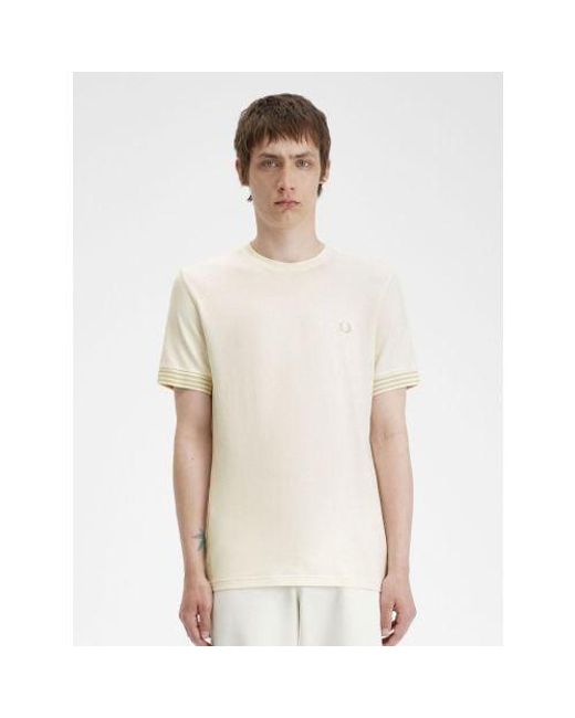 Fred Perry White Ecru Striped Cuff T-Shirt for men