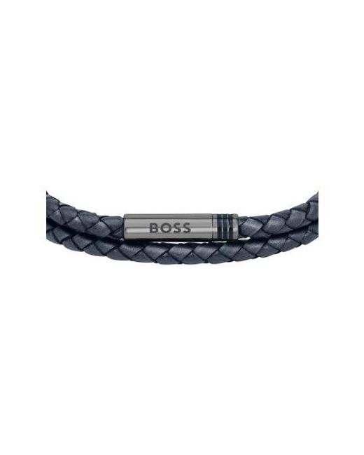 Boss Blue Leather Ares Bracelet for men