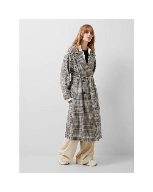 French Connection Gray Checked Dandy Check Trench Coat