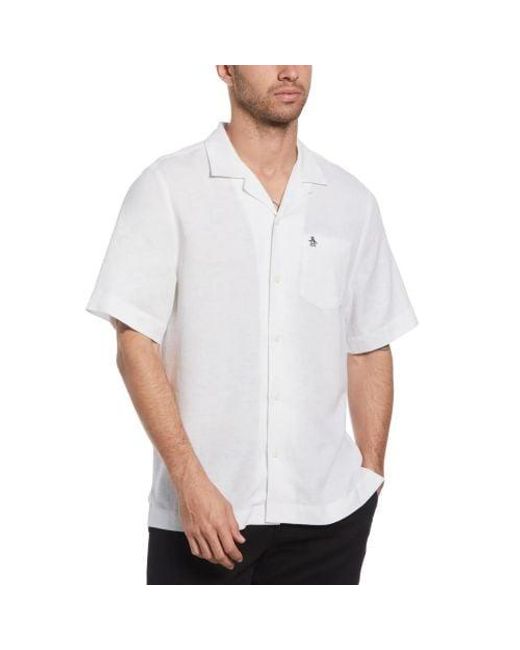 Original Penguin White Bright Short Sleeve Camp Linen Ecovero Shirt for men