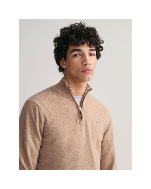 Gant Natural Dark Sand Melange Perfine Lambswool Half Zip Jumper for men