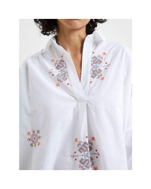 French Connection White Linen Embroidered Rhodes Popover Shirt