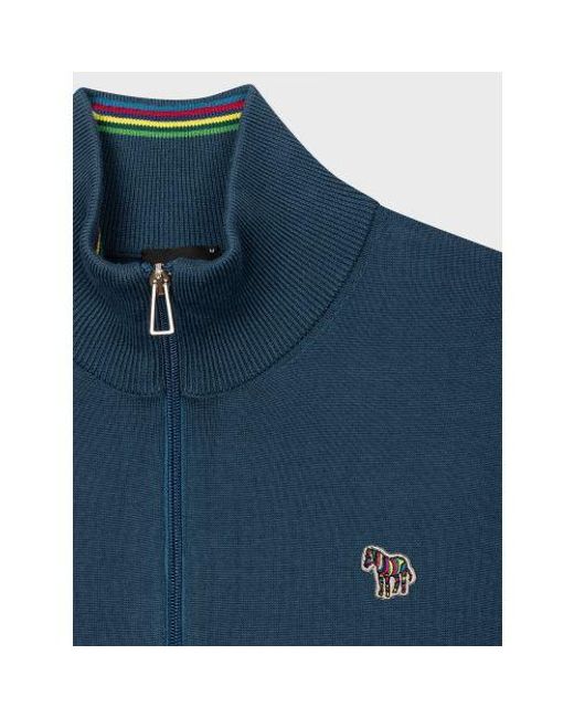Paul Smith Blue Zip Neck Zebra Badge Sweater for men