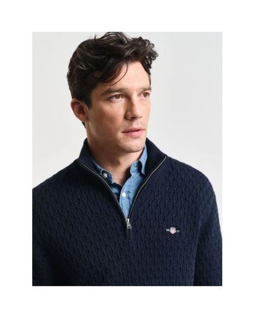 Gant Blue Evening Textured Cotton Half Zip Sweater for men