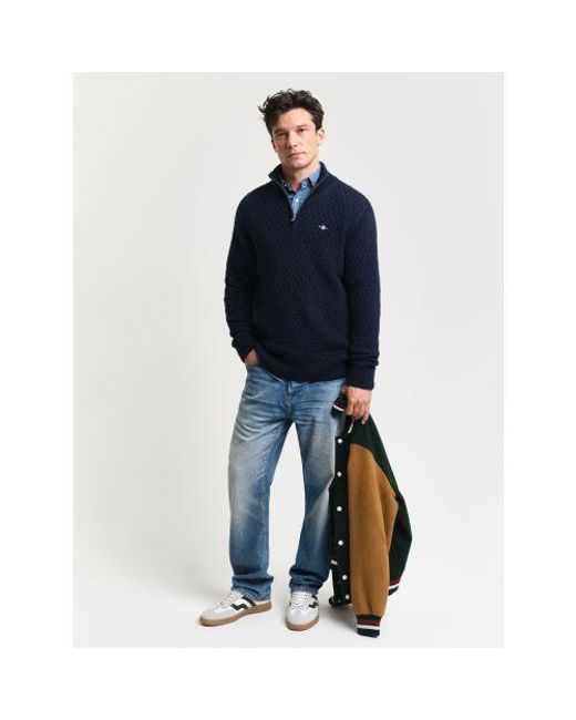 Gant Blue Evening Textured Cotton Half Zip Sweater for men