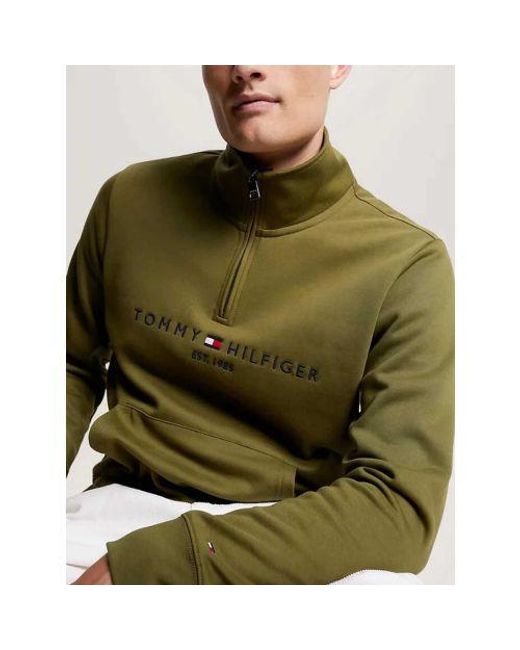 Tommy Hilfiger Green Putting Logo Mock Neck Half Zip Sweatshirt for men