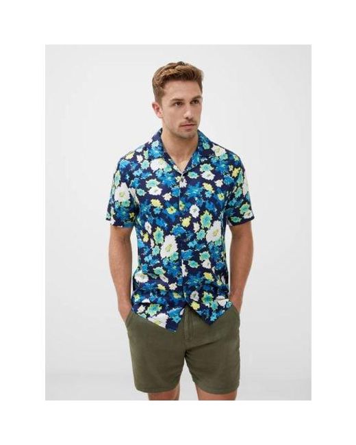 French Connection Blue Base Floral Print Revere Collar Shirt for men
