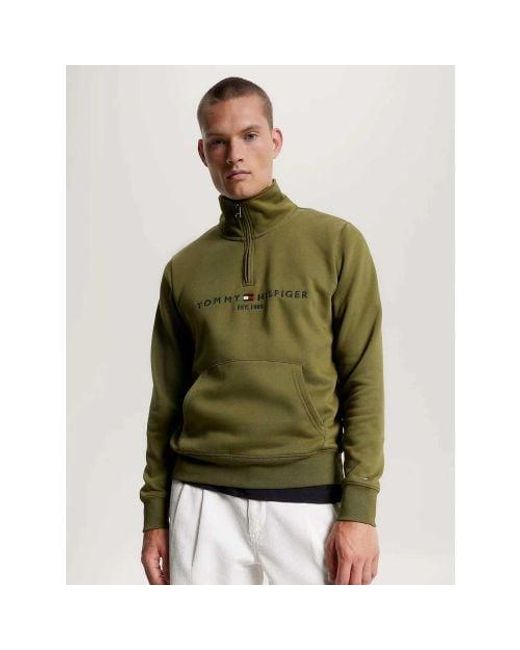 Tommy Hilfiger Green Putting Logo Mock Neck Half Zip Sweatshirt for men