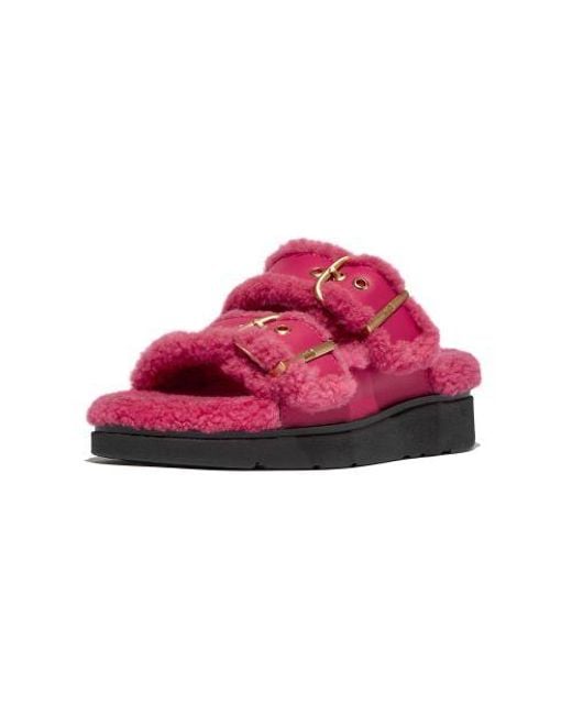 Fitflop Pink Wild Raspberry Gen-Ff Buckle 2-Bar Leather Slide