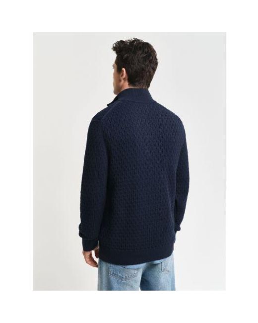 Gant Blue Evening Textured Cotton Half Zip Sweater for men