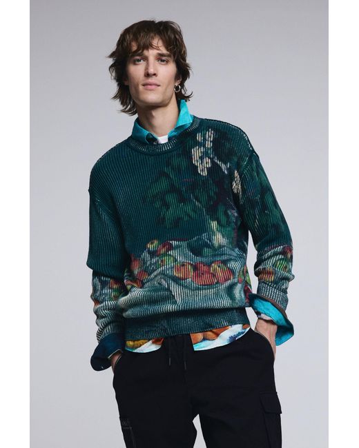 Desigual Blue Still Life Texture Sweater, Cotton for men