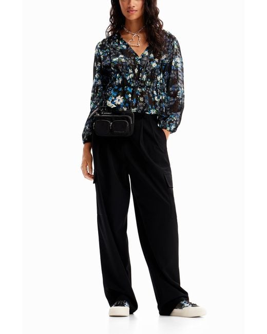 Desigual Blue Floral Plumetis Blouse, Polyester