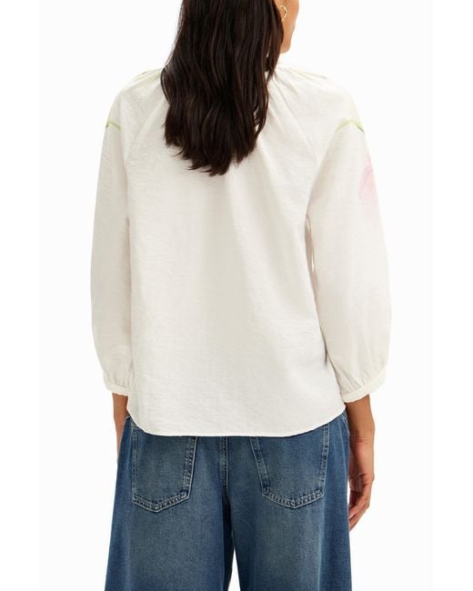 Desigual White Flowy Blouse With Watercolor Floral Print
