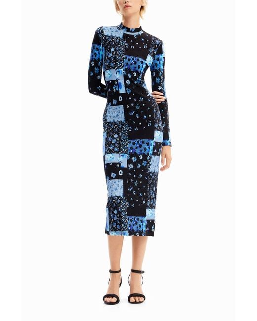 Desigual Blue Floral Ribbed Midi Dress, Viscose
