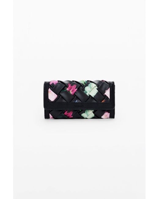 Desigual Black Large Braided Floral Wallet, Polyurethane