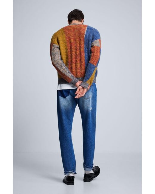 Desigual Blue Patchwork Knit Sweater for men