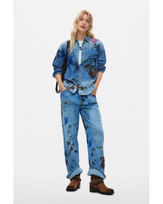 Desigual Blue Printed Embroidered Shirt, Cotton