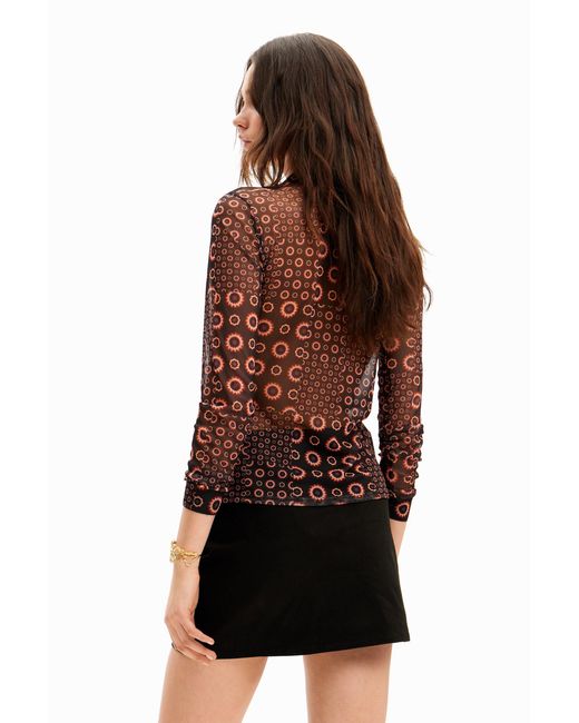 Desigual Brown Patchwork Gathered T-Shirt, Polyester