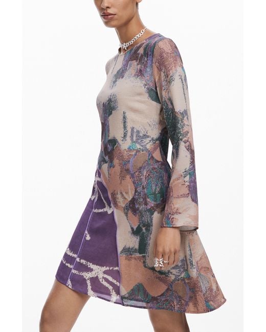 Desigual Brown Asymmetric Printed Dress, Polyester