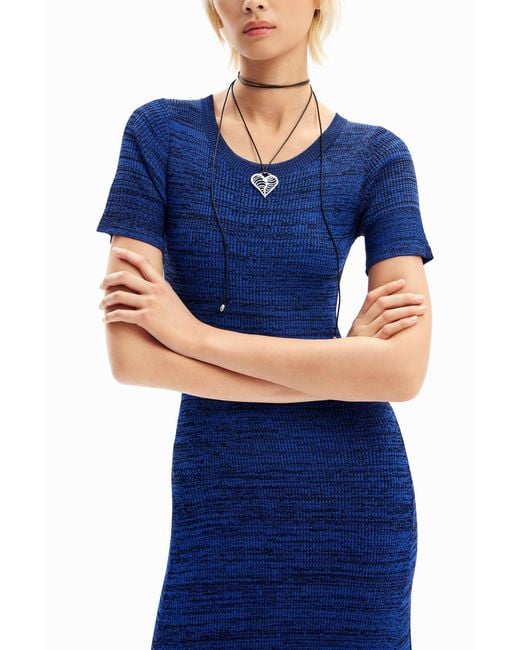 Desigual Blue Long Mottled Ribbed Dress
