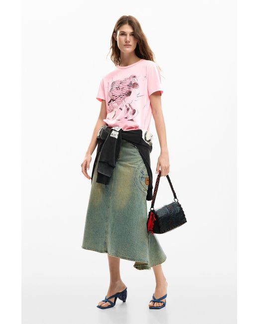 Desigual Pink T-Shirt Heart Mickey And Minnie Mouse, Cotton