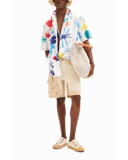 Desigual Blue Short-Sleeve Shirt With Tropical Leaves, Cotton for men
