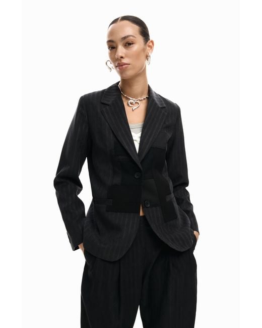 Desigual Black Striped Patch Blazer, Polyester