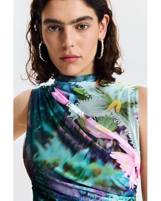 Desigual Blue Draped Floral Dress, Polyester