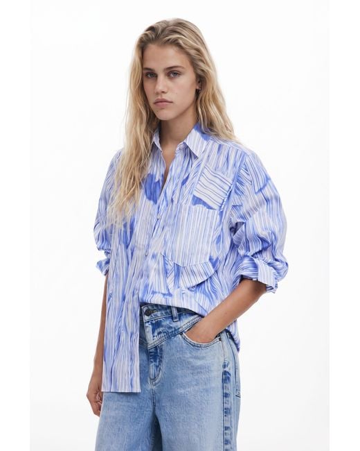 Desigual Blue Oversized Arty Shirt, Cotton