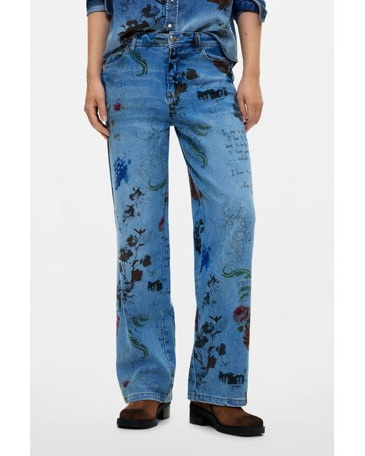 Desigual Blue Printed Straight Jeans, Cotton