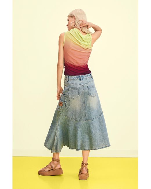 Desigual Green Asymmetrical Denim Skirt, Cotton