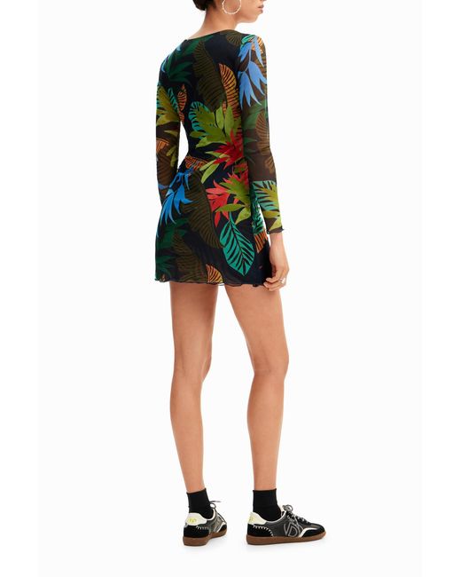 Desigual Blue Tropical Tulle Mini Dress, Polyester