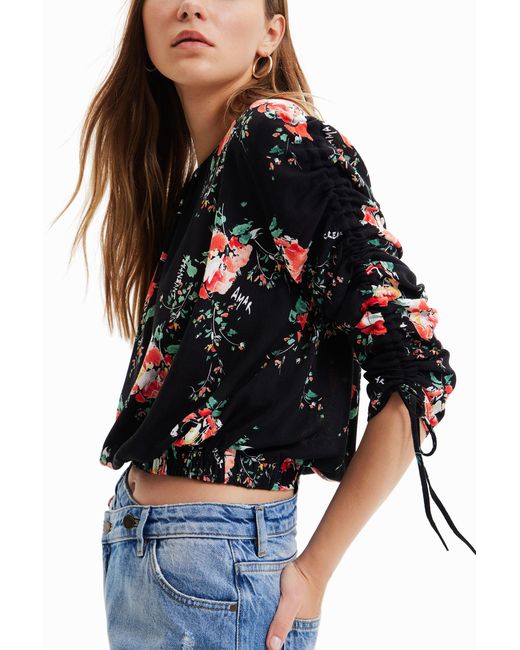 Desigual Black Adjustable-Sleeve Floral Blouse, Viscose