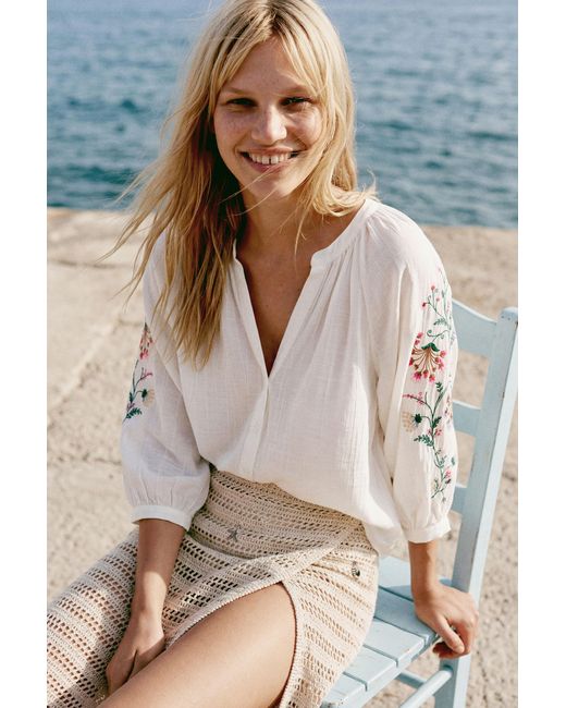 Desigual White Blouse Embroidered Sleeves